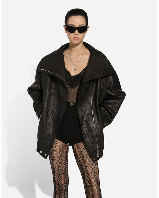 Dolce & Gabbana Black Oversized Textured-Leather Biker Jacket