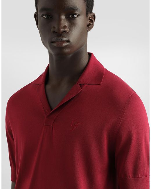 Dolce & Gabbana Red Silk Polo-Shirt With Logo Embroidery for men