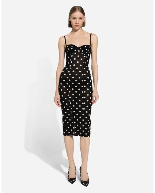 Dolce & Gabbana Black Stretch Midi Sheath Dress With Polka Dot Print