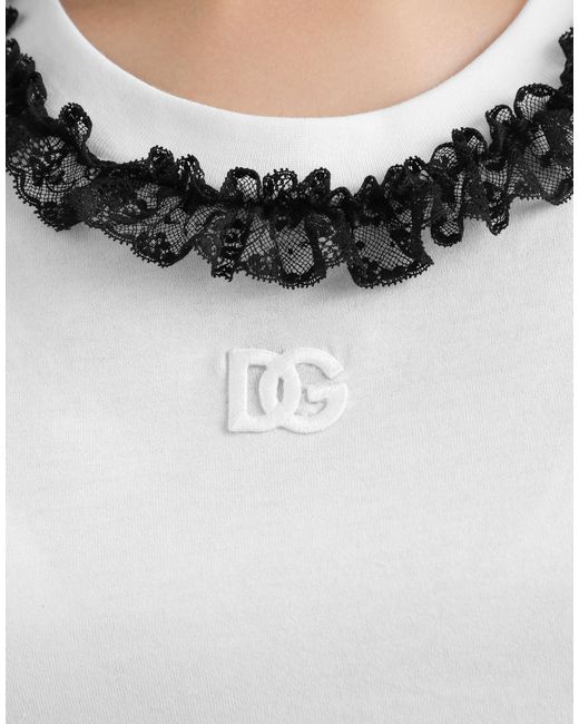 Dolce & Gabbana White Jersey T-Shirt With Lace And Dg Embroidery