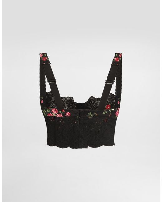Dolce & Gabbana Black Balconette-Bh Aus Elastischem Satin Und Spitze Mit Einem Print Mit Kleinen Rosensträußen