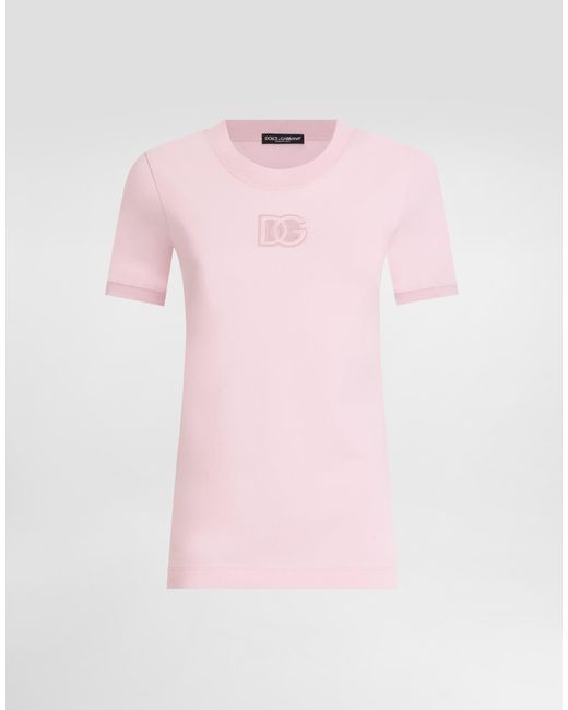 Dolce & Gabbana Pink Jersey T-Shirt With Raised Dg Logo Embroidery