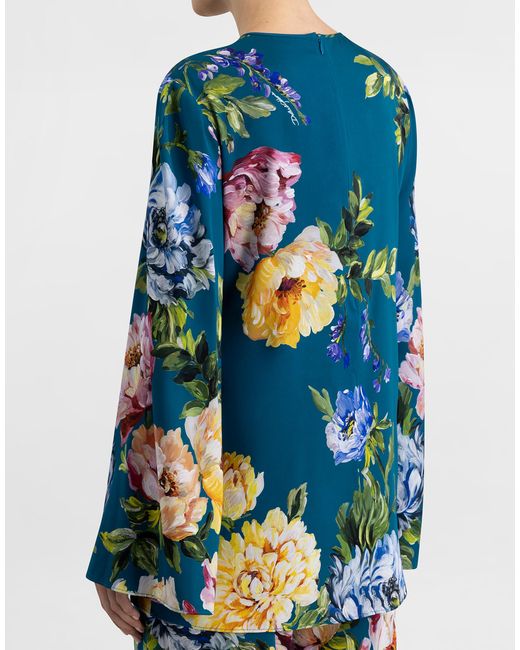 Dolce & Gabbana Blue Peony-Print Charmeuse Top