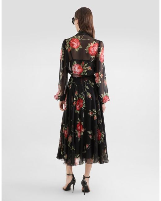 Dolce & Gabbana White Rose Bouquet-Print Chiffon Circle Skirt