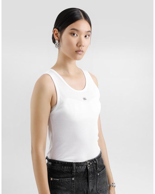 Dolce & Gabbana White Fine-Rib Jersey Tank Top With Dg Logo Pin