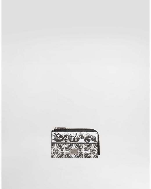 Dolce & Gabbana White Majolica-Print Calfskin Card Holder for men