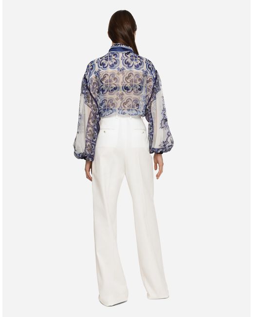 Dolce & Gabbana Blue Chiffon Pussy-Bow Shirt With Majolica Print