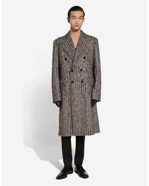 Dolce & Gabbana Gray Embroidered Pinstripe Baize Coat for men