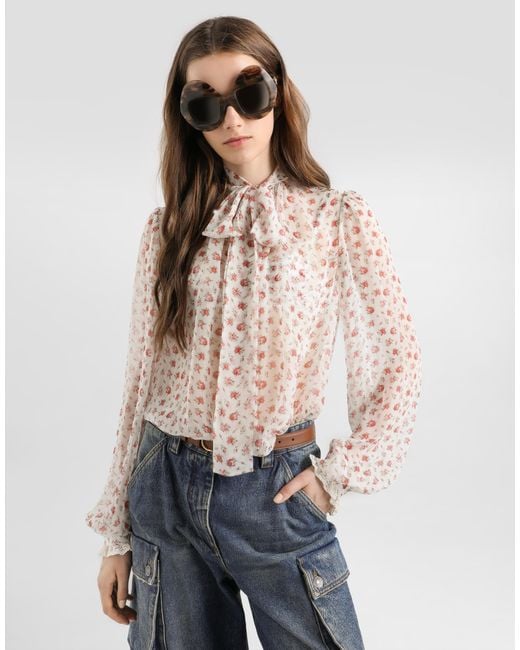 Dolce & Gabbana White Small Rose-Print Chiffon Top