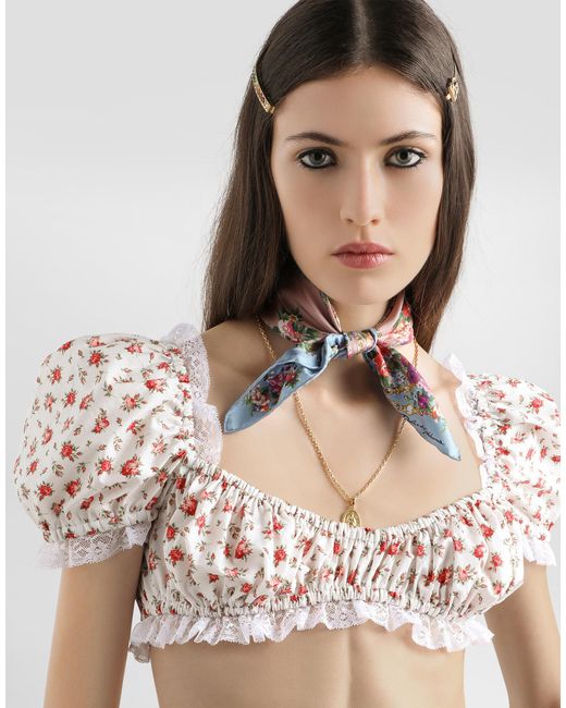 Dolce & Gabbana White Small Rose-Print Poplin Top