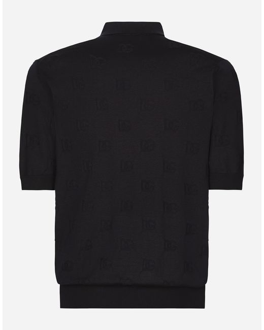 Dolce & Gabbana Black Silk Polo-Shirt With All-Over Dg Logo Embroidery for men