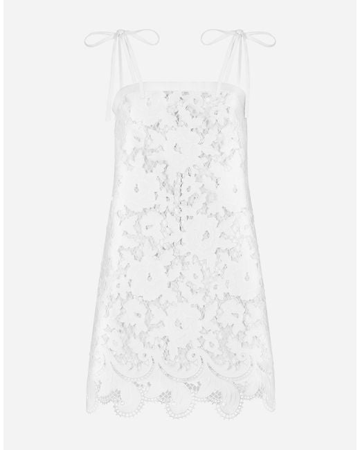 Dolce & Gabbana White Cotton Minidress With Floral Openwork Embroidery