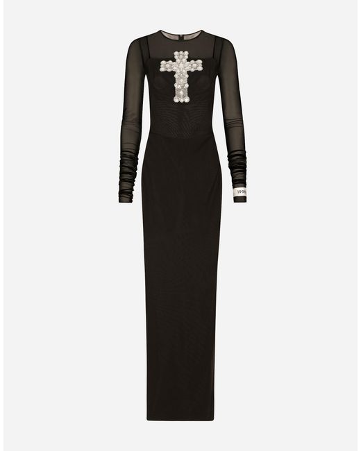 Dolce & Gabbana Black Long Tulle Dress With Rhinestone Cross Embellishment