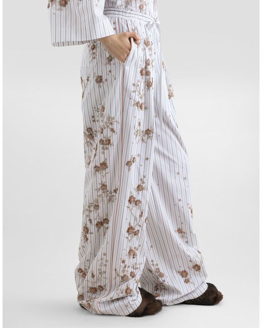 Dolce & Gabbana White Poplin Trousers With Thread Floral Embroidery And Rhinestones