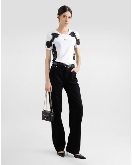 Dolce & Gabbana Black Jersey T-Shirt With Dg Logo And Lace Details
