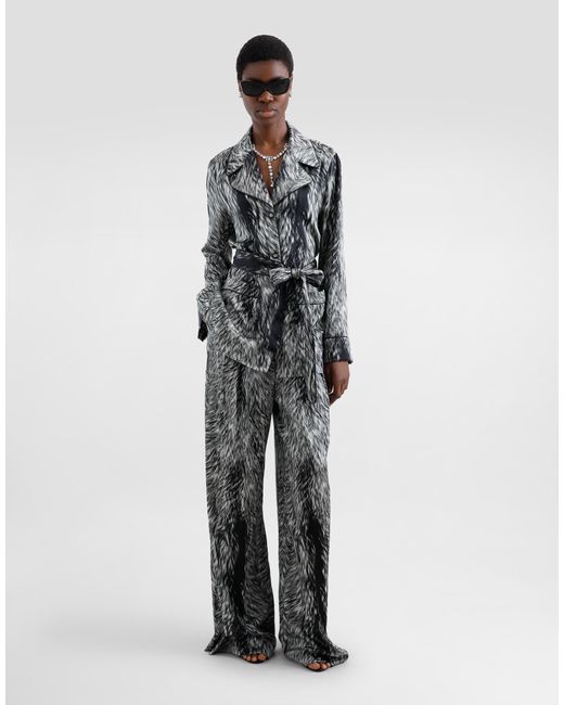 Dolce & Gabbana Gray Pyjamabluse Aus Seidensatin Fellprint