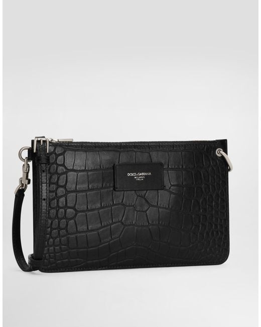 Dolce & Gabbana Black Crocodile-Print Calfskin Toiletry Bag for men