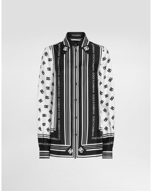 Camisa De Sarga De Seda Con Estampado Integral Dg Dolce & Gabbana de color Black