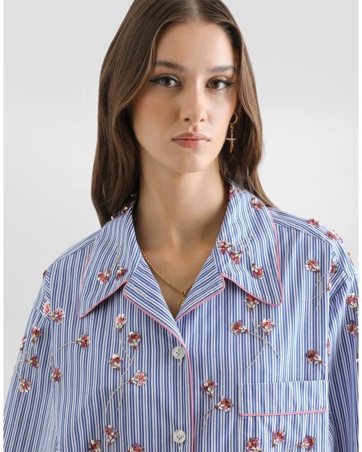 Dolce & Gabbana Blue Poplin Shirt With Crystal Flower Embroidery