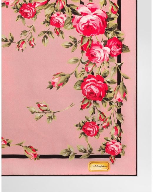 Dolce & Gabbana Pink Rose Bouquet-Print Silk Twill Scarf 70X70