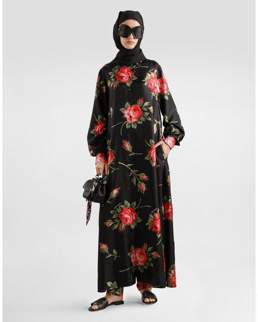 Robe Longue En Sergé À Imprimé Bouquet De Roses Dolce & Gabbana en coloris Red