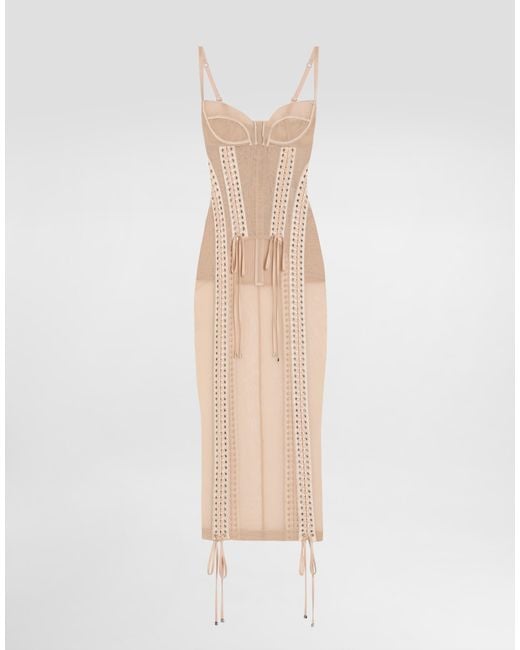 Dolce & Gabbana White Light Tulle Calf-Length Slip Dress With Corset Details