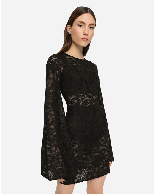 Dolce & Gabbana Black Short Lace-Stitch Dress With Full Sleeves