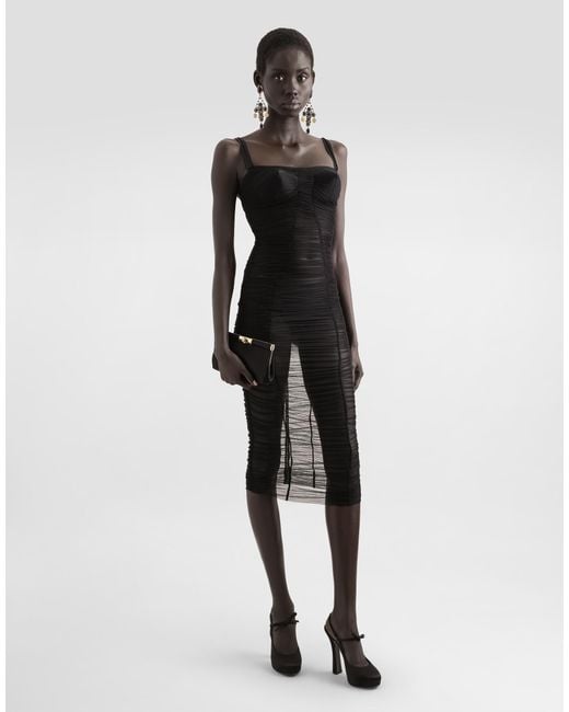 Dolce & Gabbana Black Tulle Calf-Length Dress With Draping