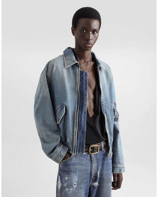 Bómber Vaquera De Algodón Con Placa Dolce & Gabbana de hombre de color Blue