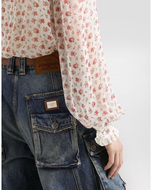 Dolce & Gabbana White Small Rose-Print Chiffon Top