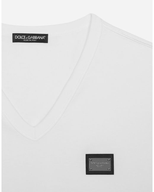 Dolce & Gabbana White Cotton V-Neck T-Shirt With Branded Tag for men