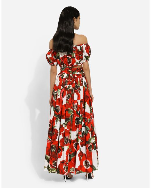 Dolce & Gabbana Red Long Anemone-Printed Cotton Circle Skirt