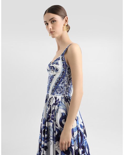 Robe Bustier Mi-Longue En Popeline À Imprimé Majoliques Dolce & Gabbana en coloris White