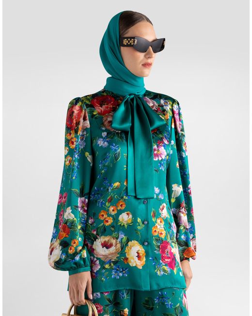 Dolce & Gabbana Blue Rose-Print Satin Shirt