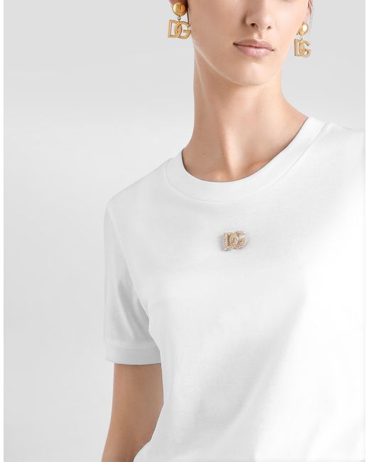 Dolce & Gabbana White Jersey T-Shirt With Metal Dg Pin Logo