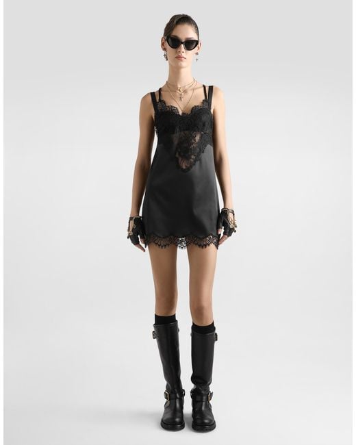 Dolce & Gabbana Black Lace-Trimmed Satin Slip Dress