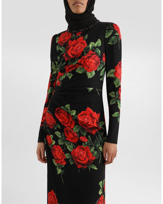 Dolce & Gabbana Red Rose-Print Charmeuse Dress