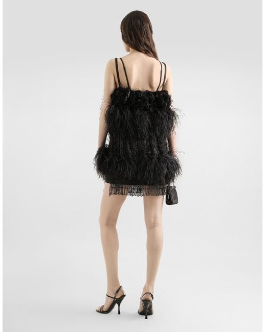 Dolce & Gabbana Black Satin Dress With Feathers