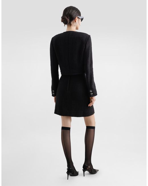 Dolce & Gabbana Black Cropped Single-Breasted Raschel Tweed Jacket With Bejeweled Buttons