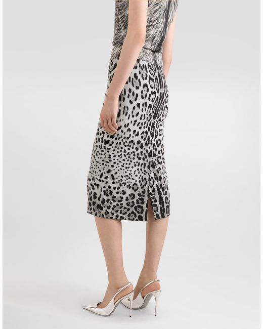 Dolce & Gabbana White Charmeuse Calf-Length Pencil Skirt With Leopard