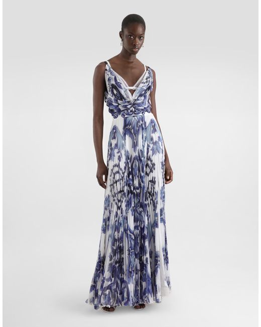 Dolce & Gabbana Blue Dg Exclusive Majolica-Print Chiffon Dress