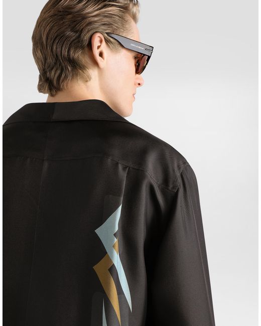 Dolce & Gabbana Black Geometric-Print Twill Shirt for men
