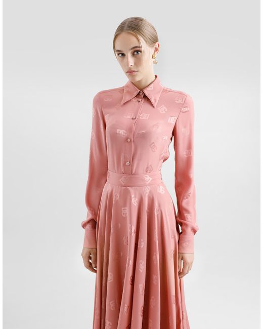 Dolce & Gabbana Pink Silk Jacquard Calf-Length Circle Skirt With Dg Logo