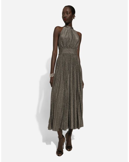Dolce & Gabbana Natural Pleated Jersey Lurex Calf-Length Dress