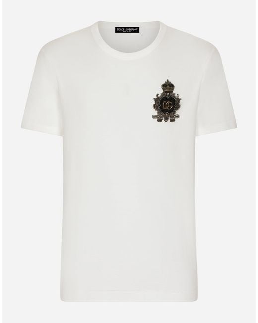 Dolce & Gabbana White Cotton T-Shirt With Heraldic Dg Logo Patch for men