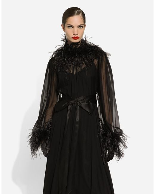 Dolce & Gabbana Black Long Silk Chiffon Dress With Ostrich Feather Details