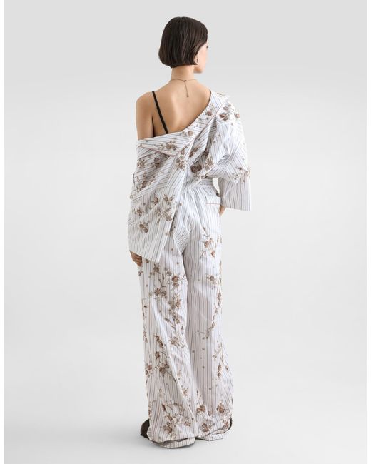 Dolce & Gabbana White Poplin Trousers With Thread Floral Embroidery And Rhinestones