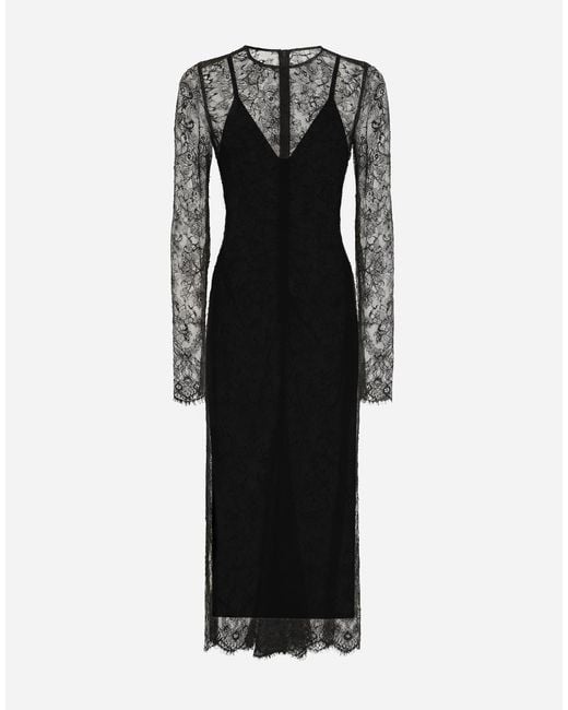 Dolce & Gabbana Black Chantilly Lace Fil Coupé Calf-Length Dress