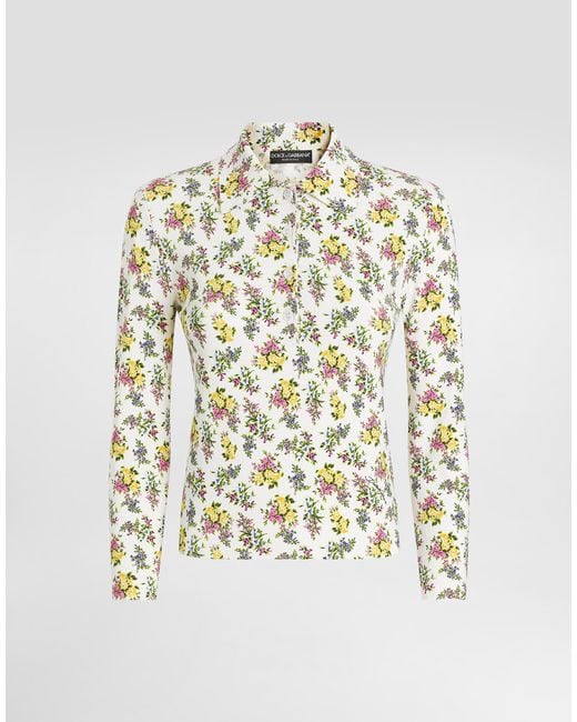 Dolce & Gabbana White Small Floral-Print Viscose Polo Shirt