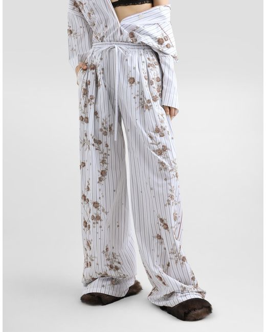 Dolce & Gabbana White Poplin Trousers With Thread Floral Embroidery And Rhinestones